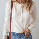 White Waffle Long Sleeve Henley Top