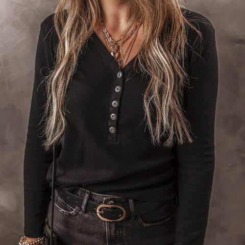 Black Long Sleeve Henley Top