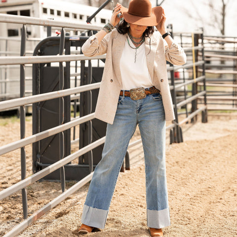 Mid Rise Wide Leg Flare With Cuff