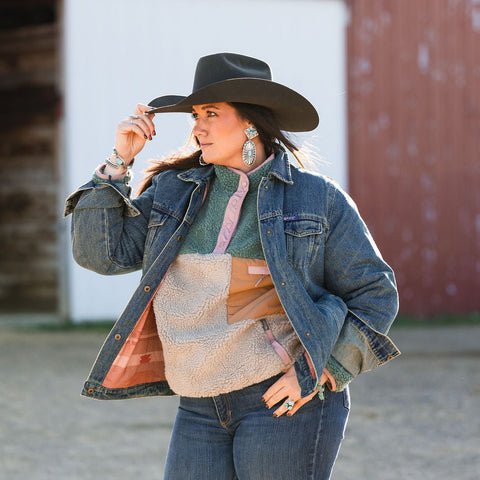 STS Ranchwear sherpa and jacket with cowboy hat and Native American made earrings.