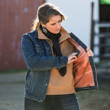 Sts Ranchwear Denim Jack with Black wild rag and native American made earrings.  concho earrings.
