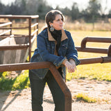 Sts Ranchwear Denim Jack with Black wild rag and native American made earrings.  concho earrings.